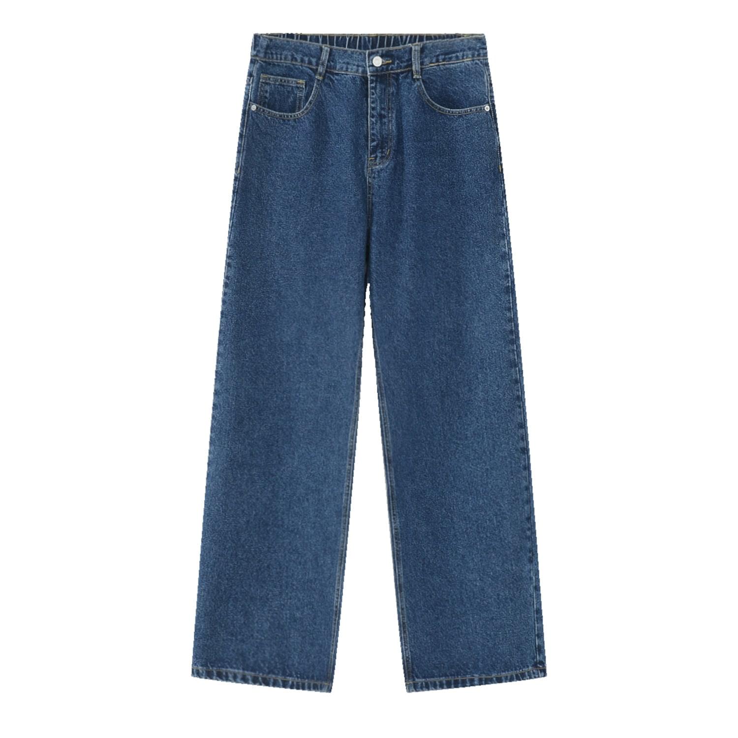 Black and gray elastic waist straight jeans by LUXENK, shown on a model, featuring a comfortable fit and classic denim style.