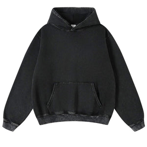Black LUXENK "Acid Wash Oversized" hoodie with a relaxed fit, featuring a soft, distressed acid wash fabric design.