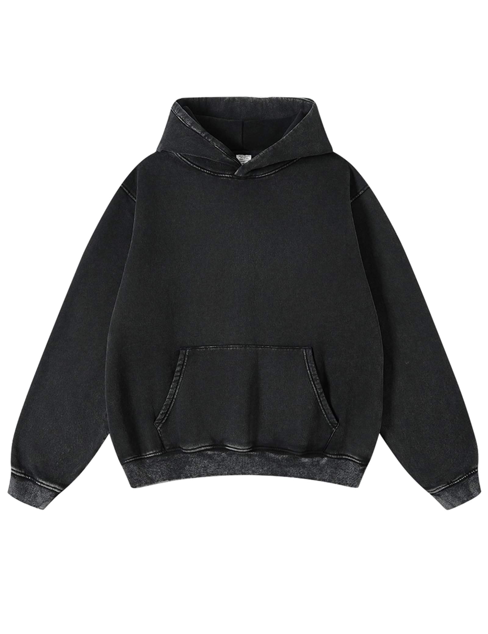 Black LUXENK "Acid Wash Oversized" hoodie with a relaxed fit, featuring a soft, distressed acid wash fabric design.