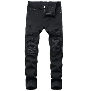 Black LUXENK Ripped Skinny Biker Jeans with distressed details and fitted style, shown on a model.