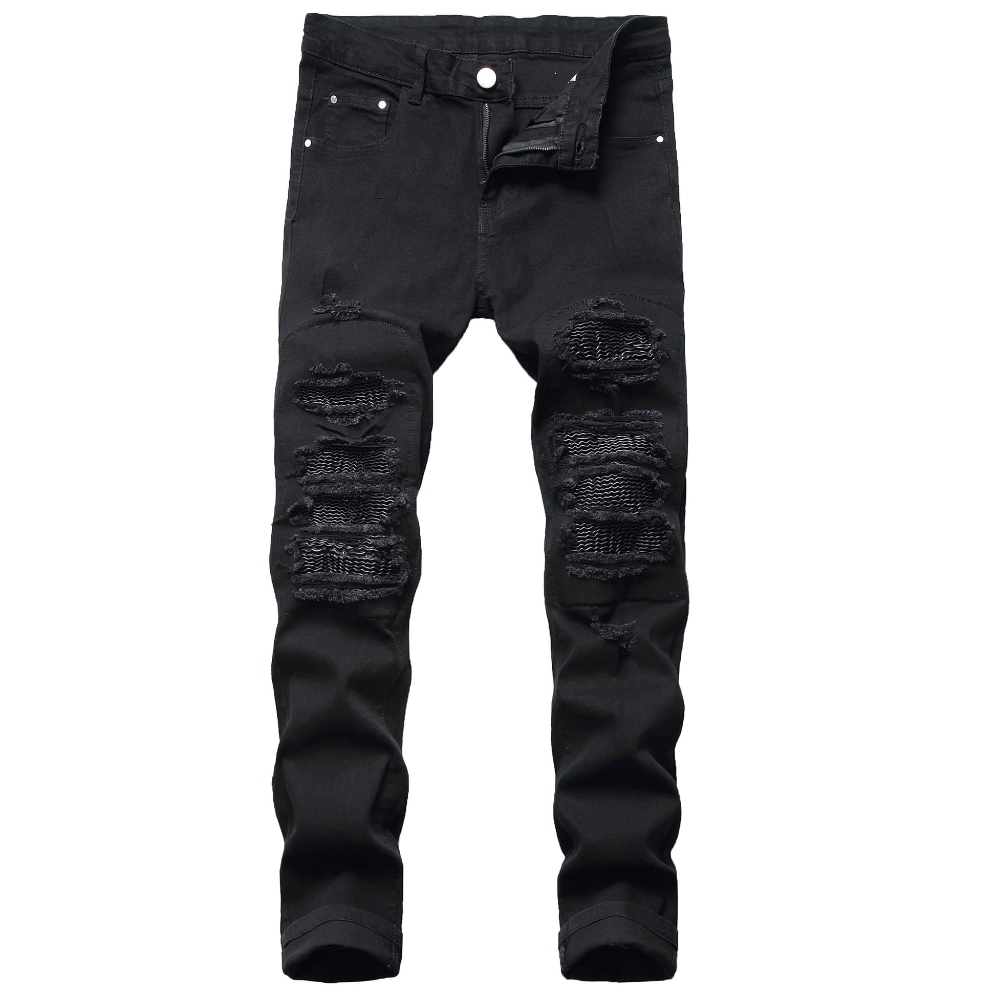 Black LUXENK Ripped Skinny Biker Jeans with distressed details and slim fit, shown on a model.