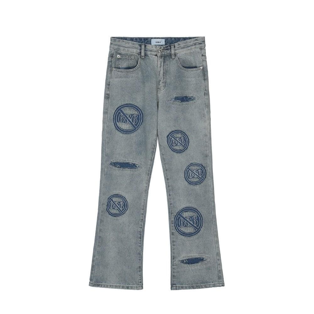 LUXENK distressed embroidered blue jeans with frayed details and embroidery, shown in a 2XL size.