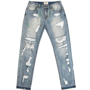 Blue LUXENK "Ripped Summer" jeans with distressed details and a slim fit, displayed on a white background.