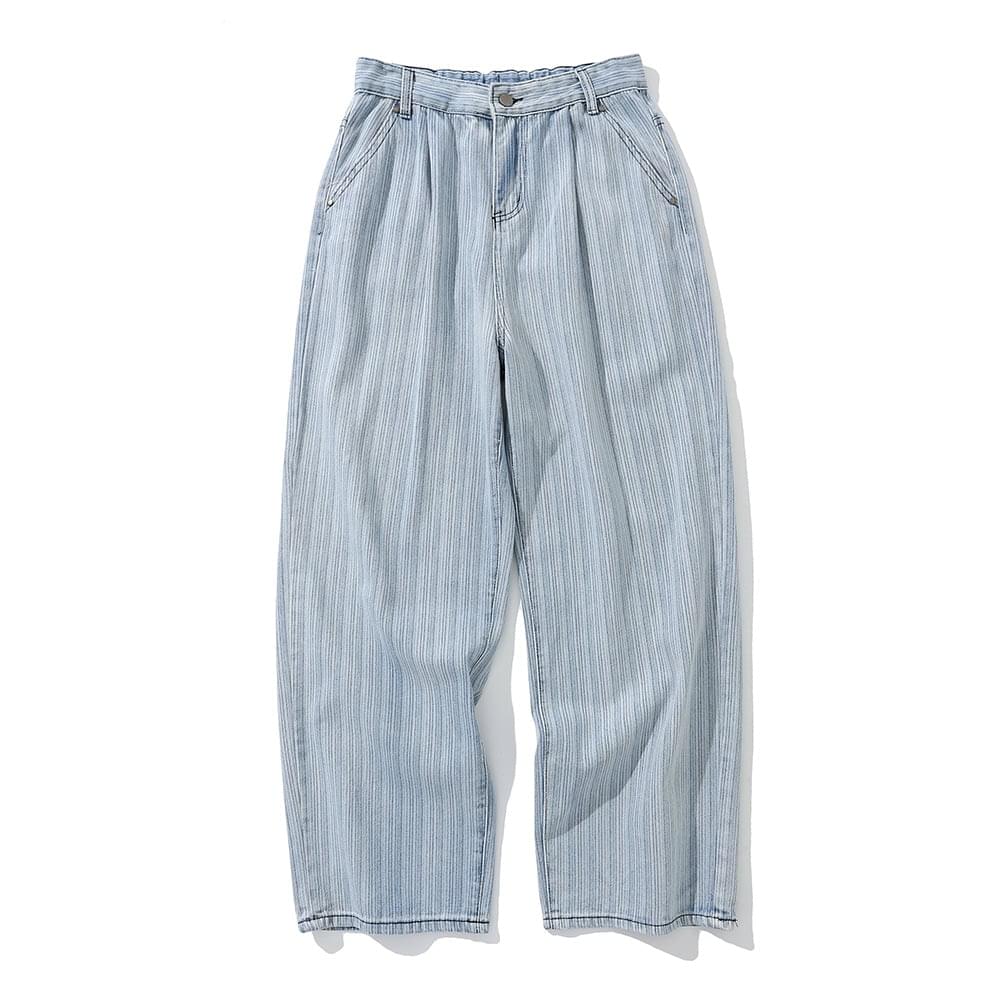 Blue LUXENK distressed striped jeans in XL size with a worn, vintage look and casual fit.