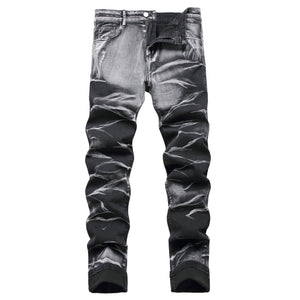 Gray and black LUXENK Ripped Slim Stretch Jeans with distressed detailing and a modern fit, shown on a model.