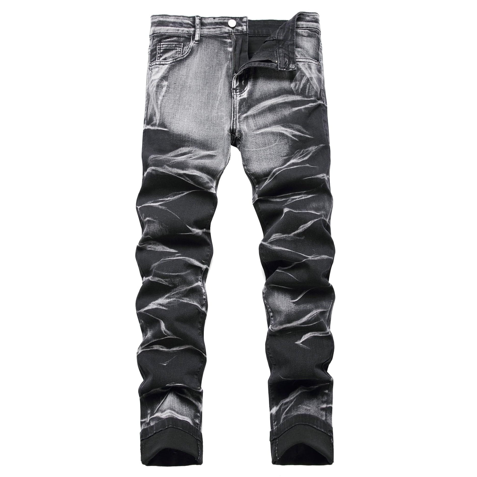 Gray and black LUXENK Ripped Slim Stretch Jeans with distressed detailing and a modern fit, shown on a model.