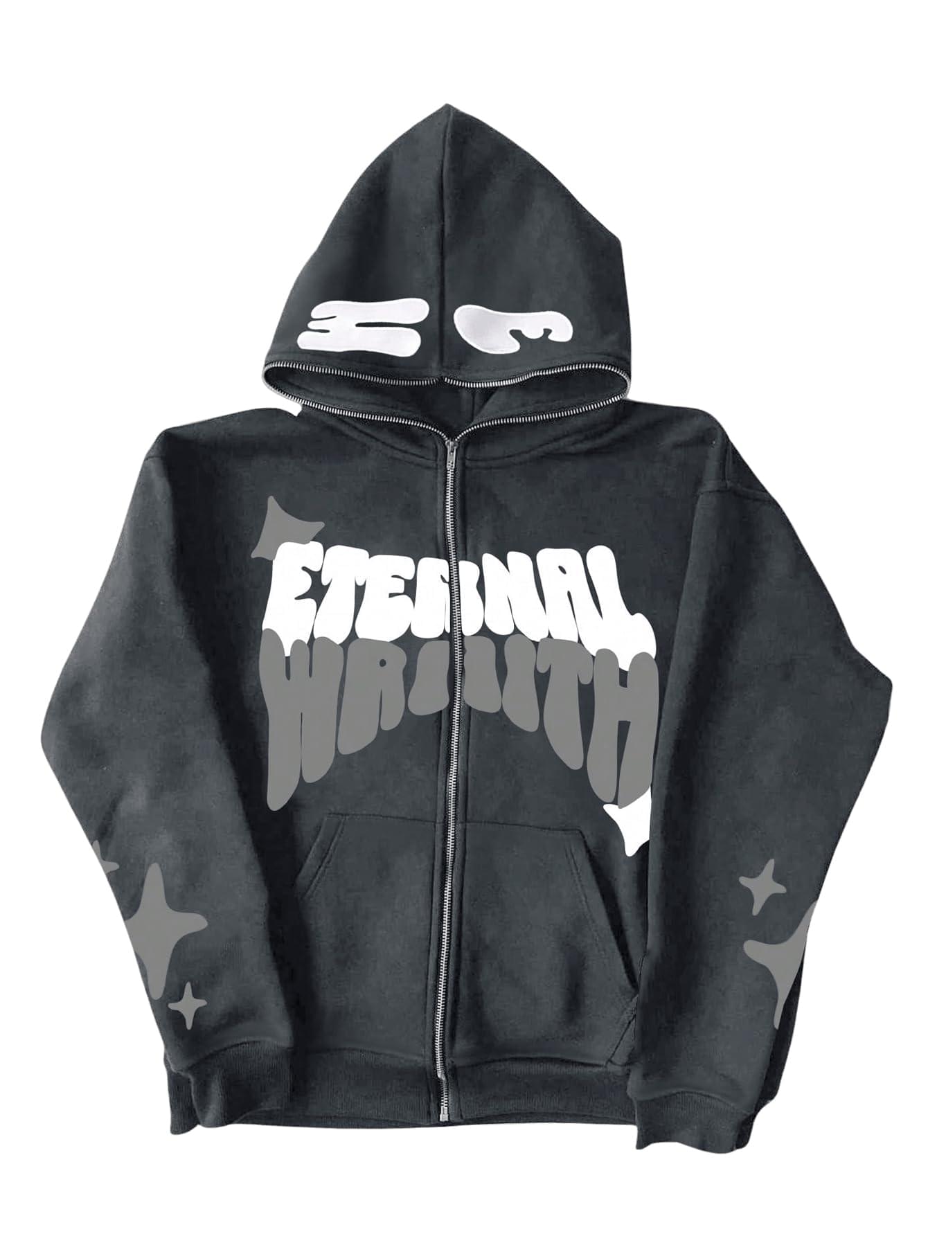 Grey LUXENK Graphic Zip Hoodie with bold front design, oversized fit, and adjustable drawstrings.