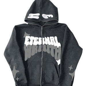 Grey LUXENK Graphic Zip Hoodie with front zipper and bold graphic design, large size, casual and comfortable fit.