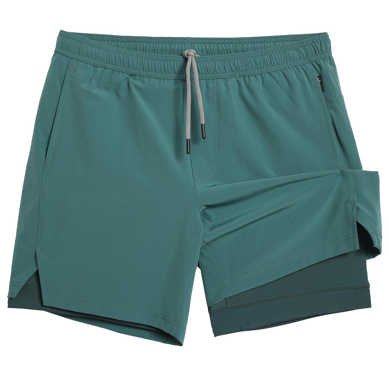 LUXENK 2-in-1 Liner Shorts in ivy green, X-large size, featuring a comfortable, sporty design with layered fabric details.