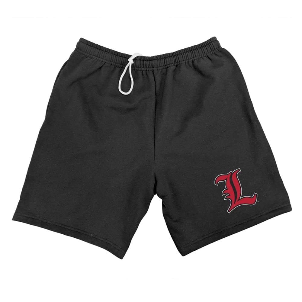 LUXENK Primary Logo Sweat Shorts featuring Louisville Cardinals logo in red and white on black athletic shorts.