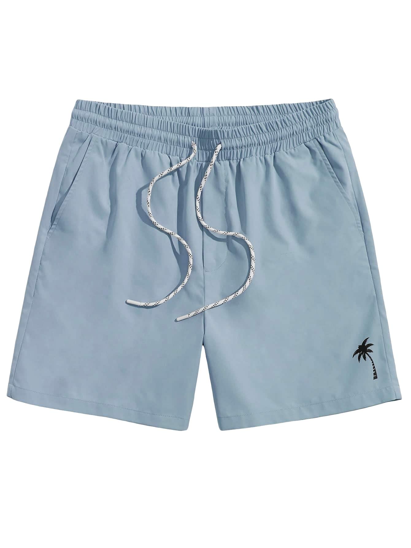 Medium blue LUXENK Letter Graphic Track Shorts with printed text and comfortable elastic waistband.