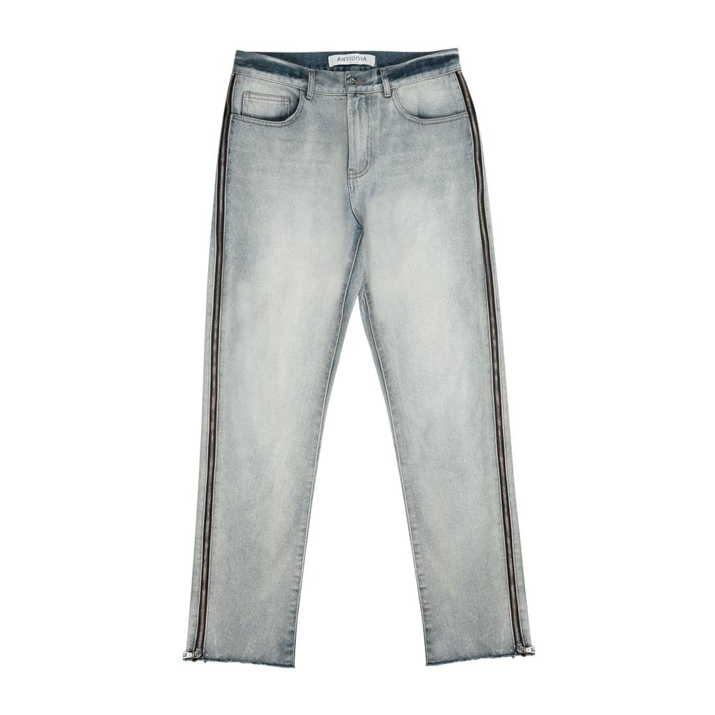 LUXENK Raw Edge Straight Jeans featuring distressed details and classic fit, showcasing the denim fabric and raw hem design.