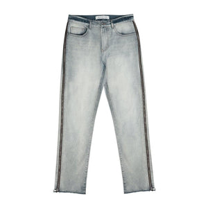 LUXENK Raw Edge Straight Jeans in classic denim with raw hem, showcasing a casual fit and distressed detailing.