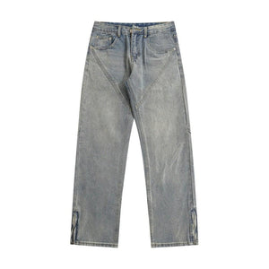 Luxenk Patchwork Straight Jeans in smoky gray, featuring a classic fit and detailed patchwork design.