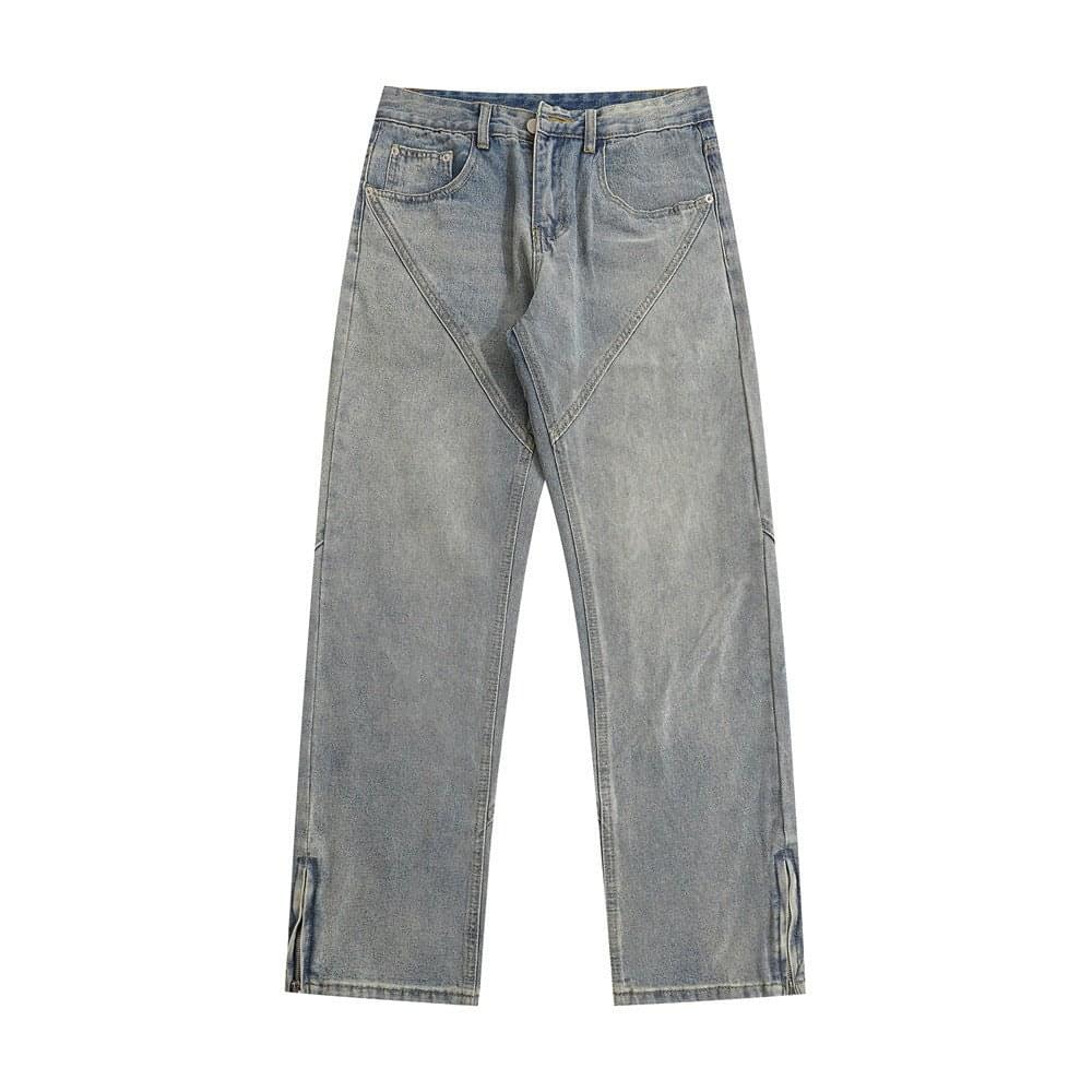 Luxenk Patchwork Straight Jeans in smoky gray, featuring a classic fit and detailed patchwork design.