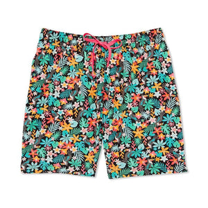 LUXENK Stretch Swim Shorts in small size with vibrant boomerang pattern, designed for comfortable beach or pool wear.
