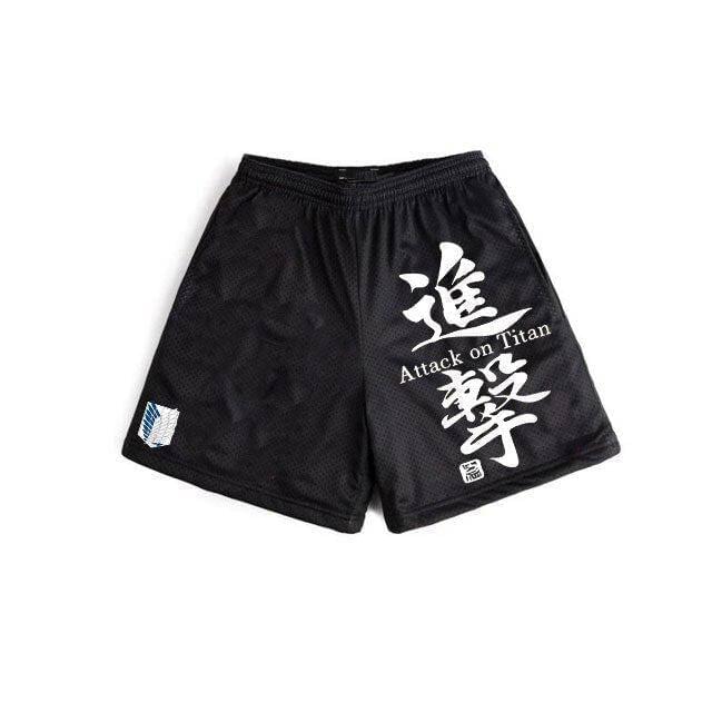 Black Attack On Titan Japan shorts by MAOKEI, featuring character and logo designs, made from comfortable fabric.