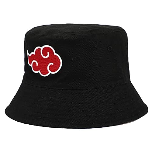 Reversible Naruto Akatsuki bucket hat by MAOKEI featuring Akatsuki and Hidden Leaf Village designs in vibrant colors.