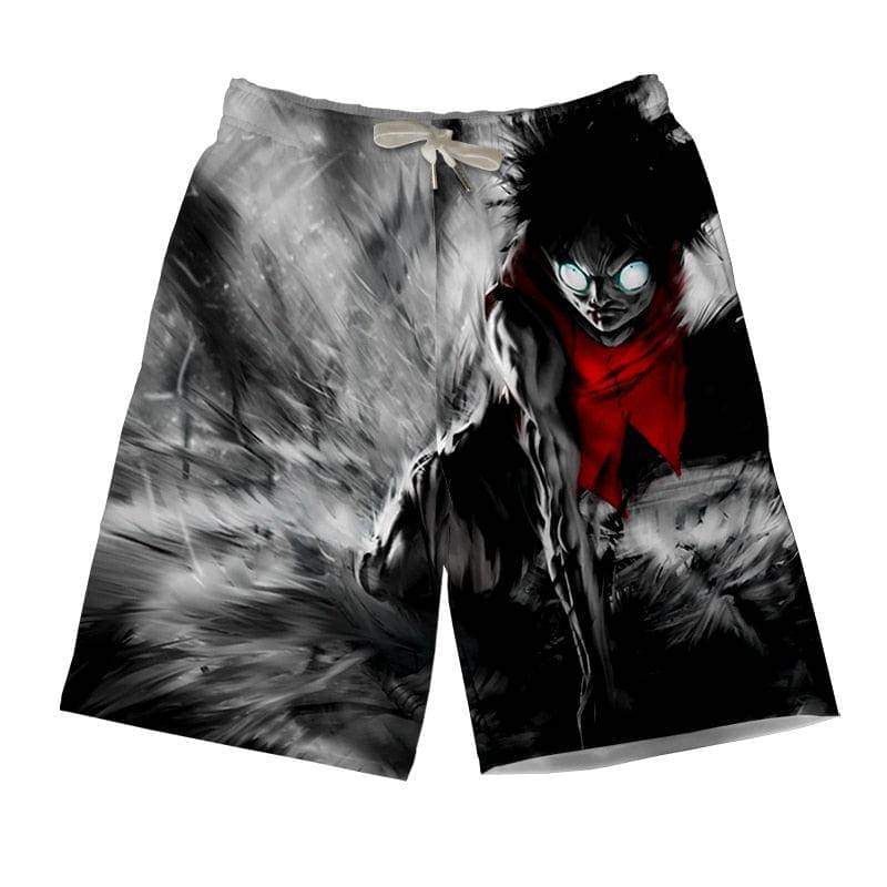 MAOKEI One Piece Monkey D. Luffy shorts featuring a vibrant print of the character, made from lightweight fabric.