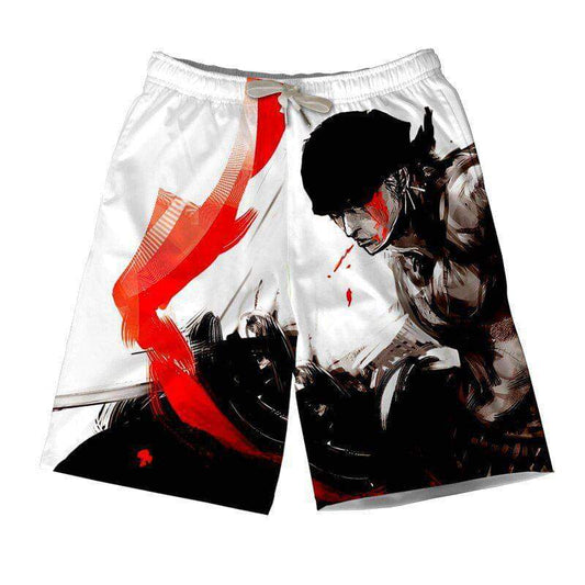 Red Zoro One Piece short by MAOKEI, featuring vibrant fabric and detailed design, displayed on a neutral background.