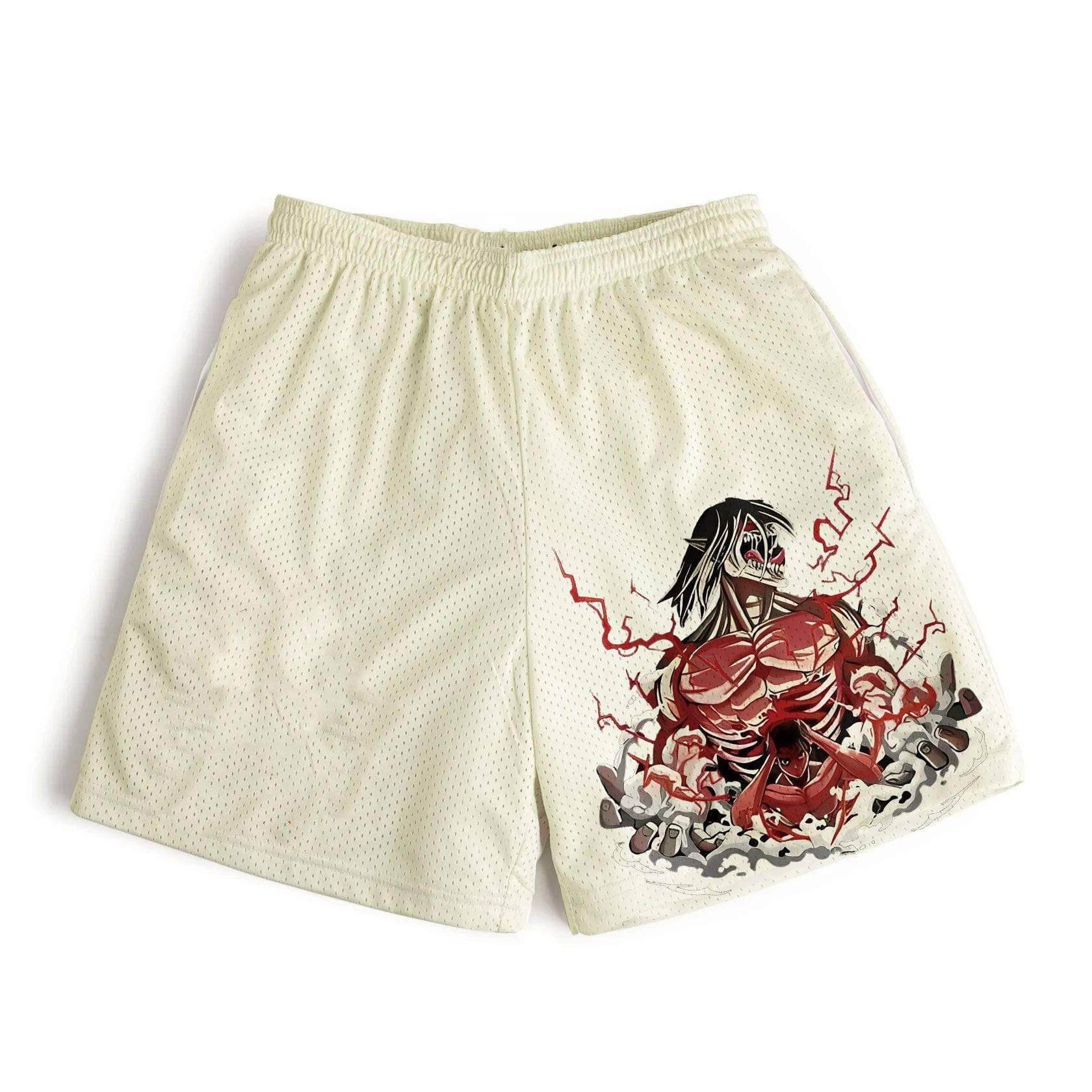 Beige SNK Eren summer beach shorts by MAOKEI, casual fit with graphic design, suitable for beach and summer wear