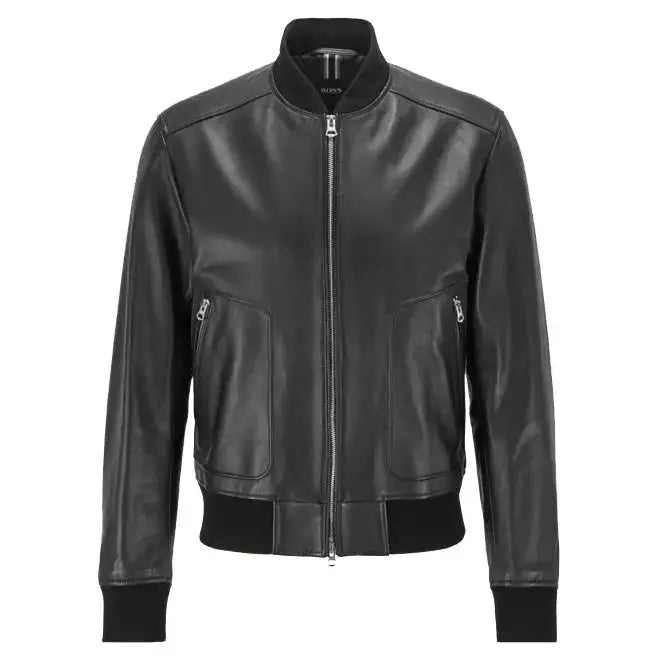 Men's Black Leather Bomber Jacket-0