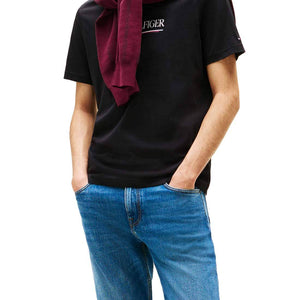 Black Tommy Hilfiger men's T-shirt with logo, short sleeves, size L, casual style, front view.