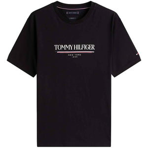 Black Tommy Hilfiger men's T-shirt with logo, short sleeve, size L, casual and stylish for everyday wear.