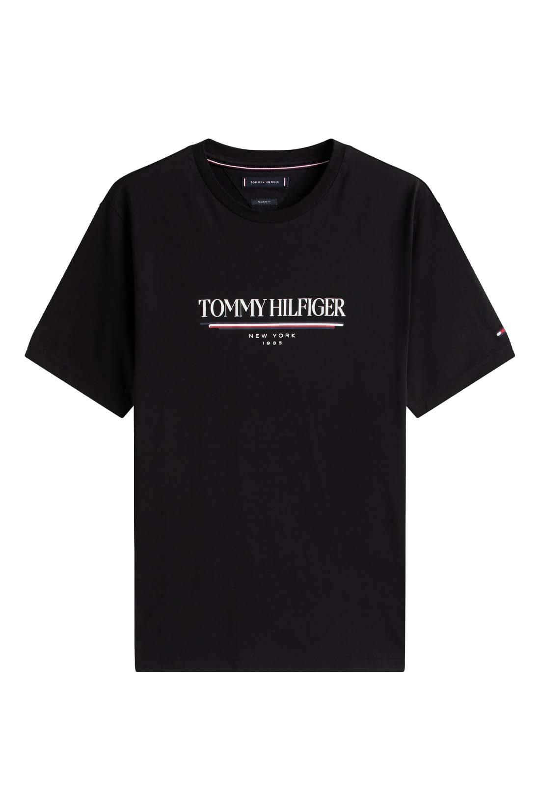 Black Tommy Hilfiger men's T-shirt with logo, short sleeve, size L, casual and stylish for everyday wear.
