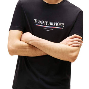 Black Tommy Hilfiger men's T-shirt with logo design, short sleeves, size L, casual fit.