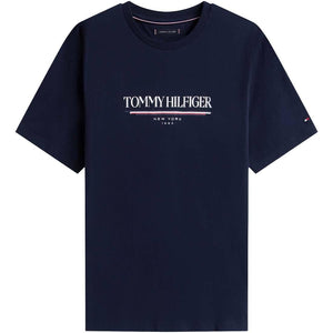Navy blue Tommy Hilfiger men's short sleeve T-shirt with logo, size L, casual crewneck style.