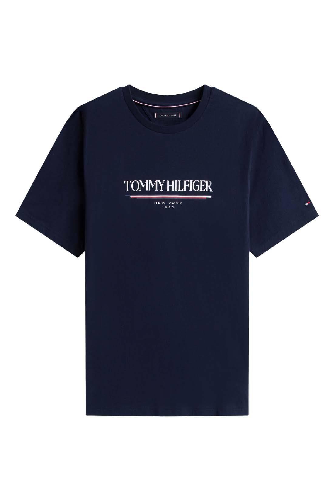 Navy blue Tommy Hilfiger men's short sleeve T-shirt with logo, size L, casual crewneck style.