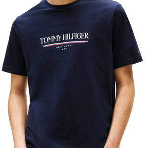 Navy blue Tommy Hilfiger men's short-sleeve T-shirt with logo, size L, featuring classic crew neck and logo print on front.
