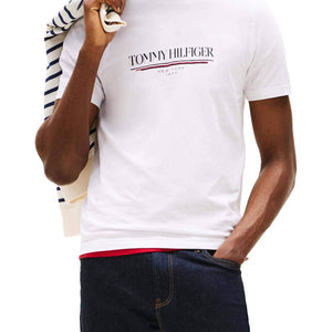 White Tommy Hilfiger men's short sleeve T-shirt with logo print, size L, casual style.