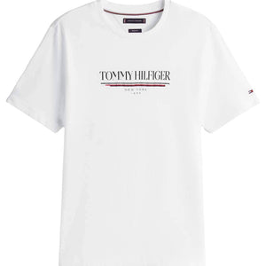 White Tommy Hilfiger men's short sleeve T-shirt with logo, size L, casual crew neck and comfortable fit.