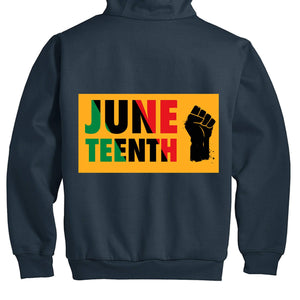 Men's JUNETEENTH FREE full-zip hooded sweatshirt with thermal lining, Inland Leather Co jacket with printed design and front pockets.