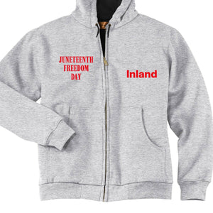 Inland Leather Co men's Juneteenth free full-zip hooded sweatshirt with thermal lining, featuring jacket printing and a hood.