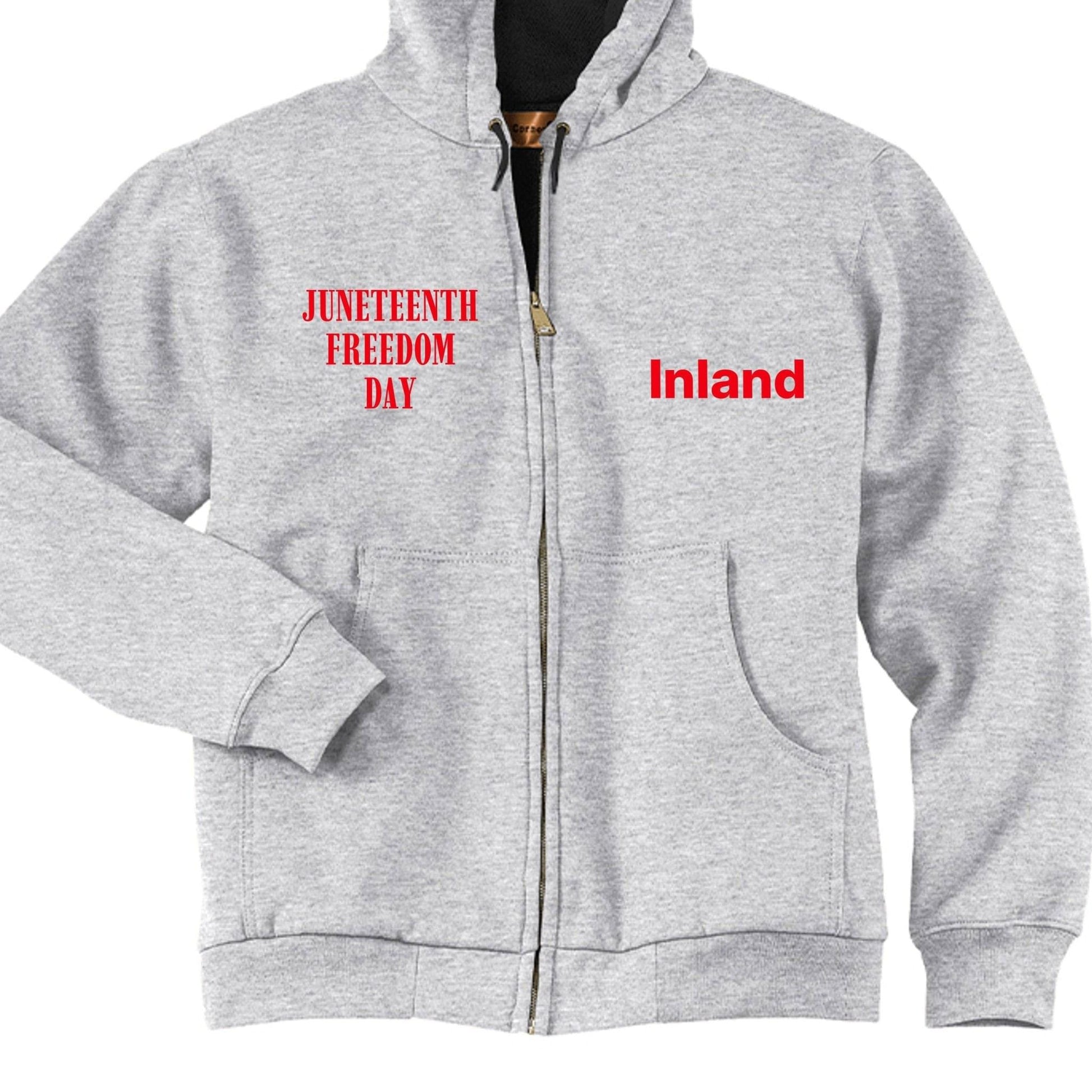 Inland Leather Co men's Juneteenth free full-zip hooded sweatshirt with thermal lining, featuring jacket printing and a hood.