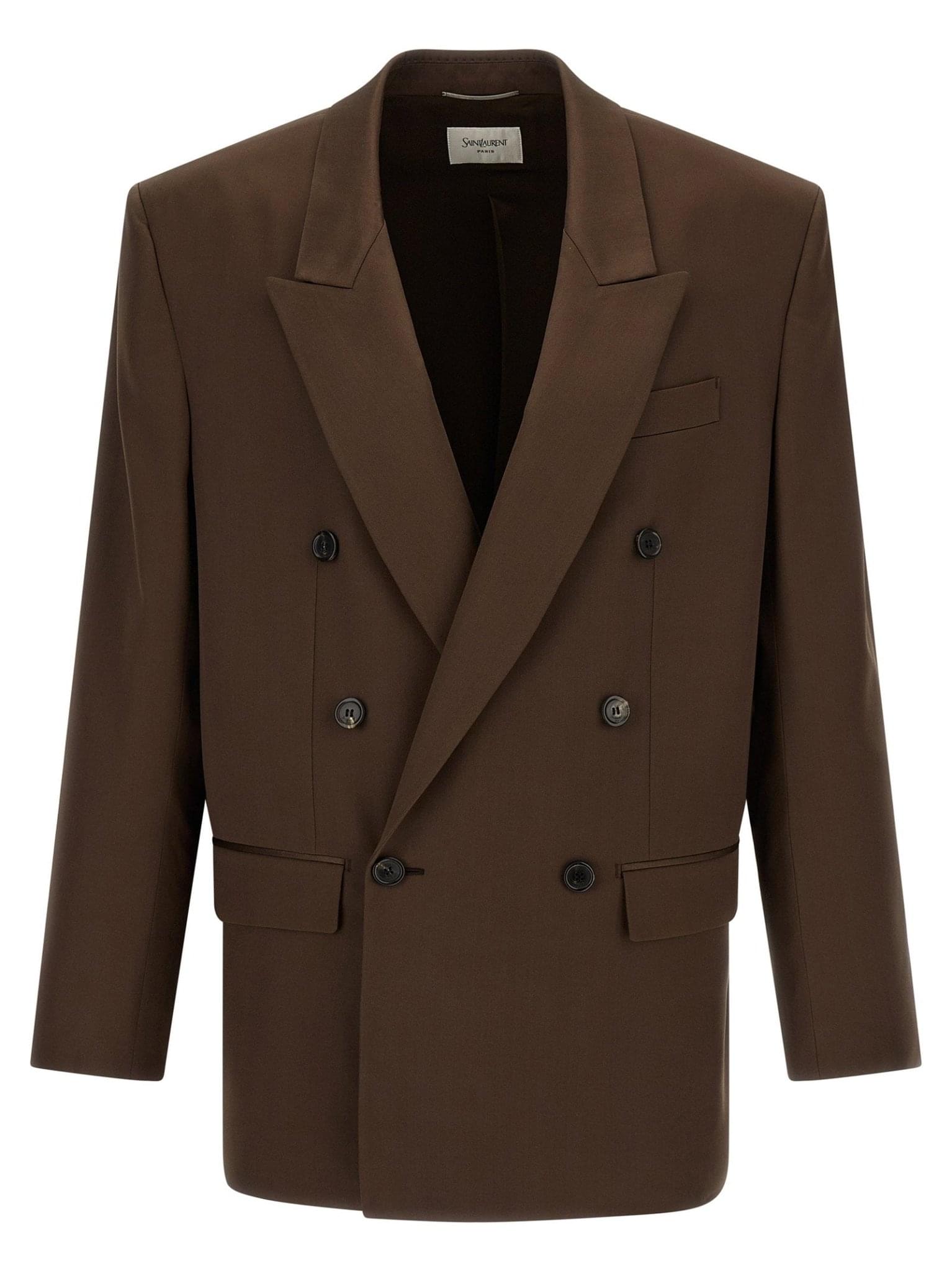 Saint Laurent satin blazer jacket in a sleek, elegant design, featuring a tailored fit and smooth satin fabric.