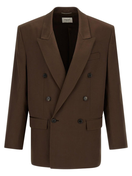 Saint Laurent satin blazer jacket in a sleek, elegant design, featuring a tailored fit and smooth satin fabric.