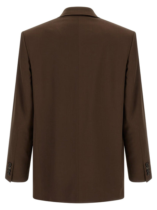 Saint Laurent satin blazer jacket in a sleek, tailored style, featuring smooth fabric and classic design details.
