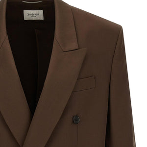 Saint Laurent satin blazer jacket, stylish tailored design with smooth satin fabric and classic fit.