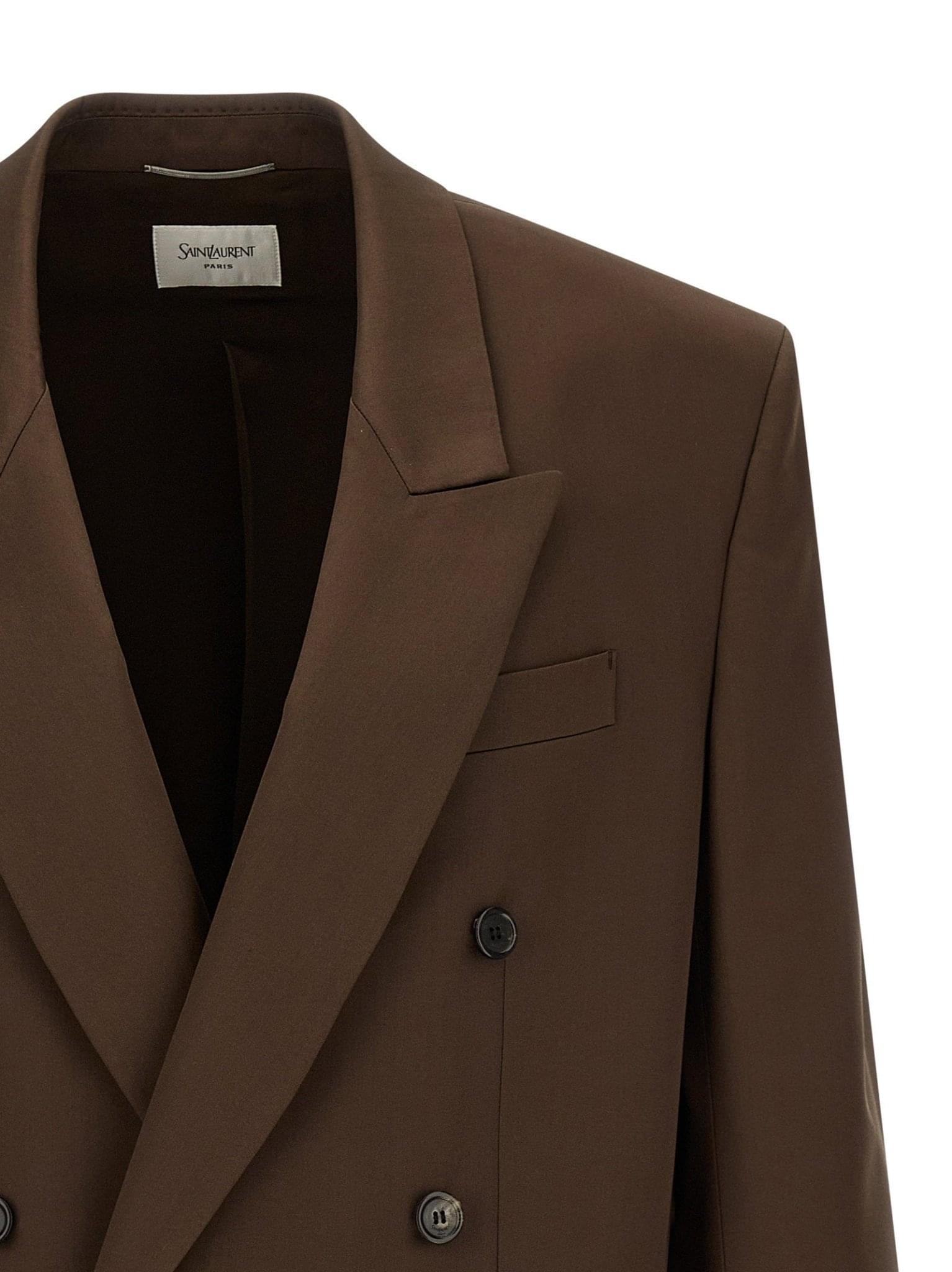 Saint Laurent satin blazer jacket, stylish tailored design with smooth satin fabric and classic fit.
