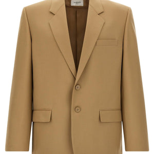 Saint Laurent Yves blazer jacket in black, tailored fit with classic lapels, displayed on a hanger.