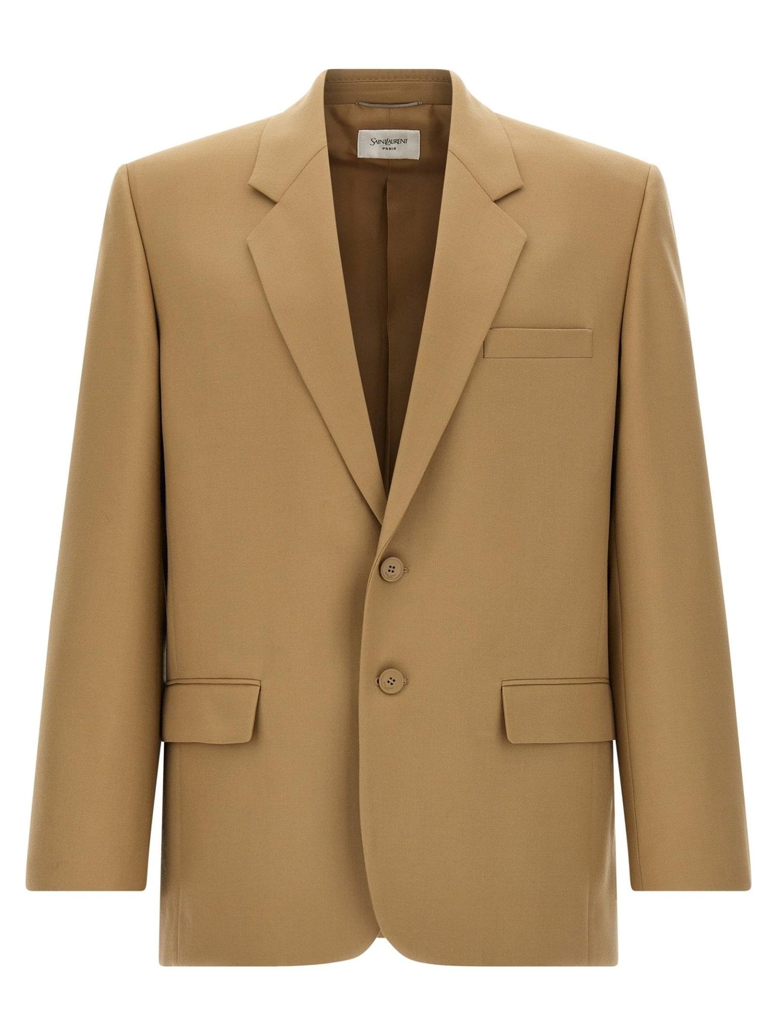 Saint Laurent Yves blazer jacket in black, tailored fit with classic lapels, displayed on a hanger.