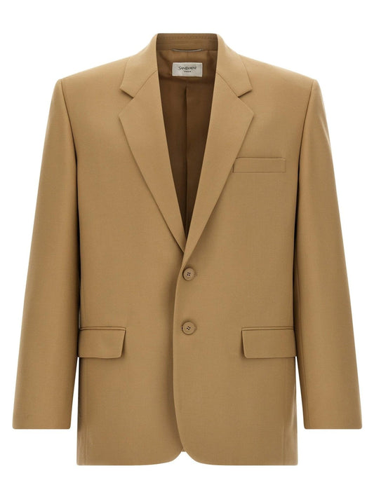 Saint Laurent Yves blazer jacket in black, tailored fit with classic lapels, displayed on a hanger.