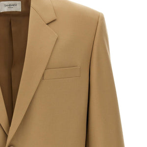 Saint Laurent Yves blazer jacket in black with tailored fit and classic lapel, displayed on a hanger.