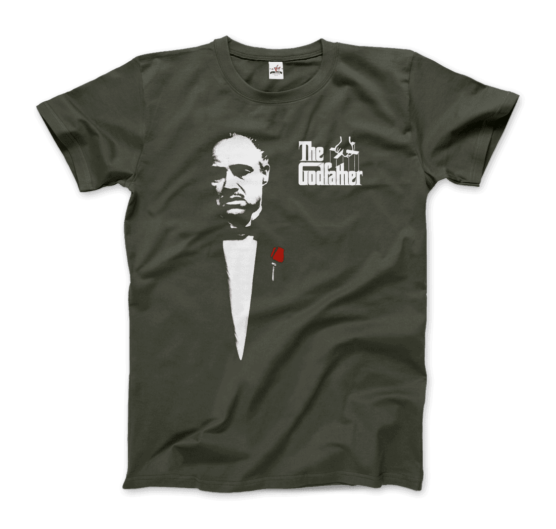 Art-O-Rama Shop The Godfather 1972 movie Don Corleone t-shirt featuring Al Pacino and classic film artwork.