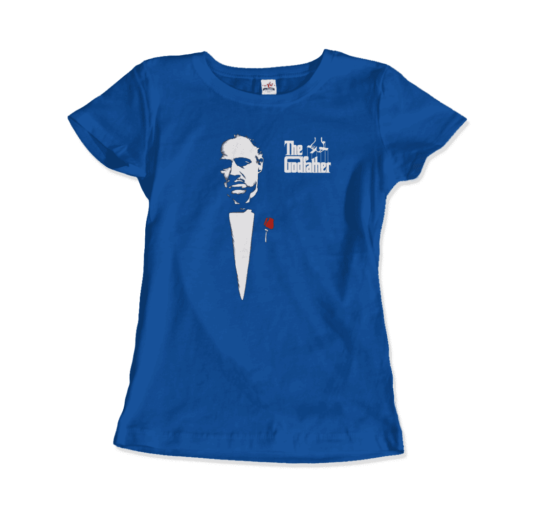 The Godfather 1972 movie Don Corleone T-shirt featuring artwork of Al Pacino from the cult film, displayed flat on a white background.
