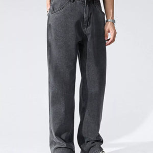 Black and gray Luxenk Relaxed Wide Leg Jeans by Trendsi, featuring a comfortable fit and casual style.